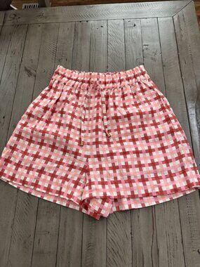 EPHEMERA Resort 100% Linen Plaid Check High Waist Shorts Size US 4